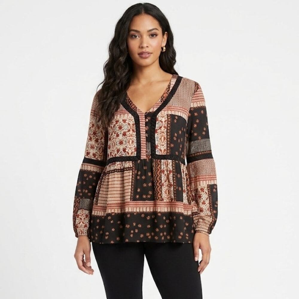 Gibson Latimer Patchwork Boho Peplum Blouse Rayon Medium